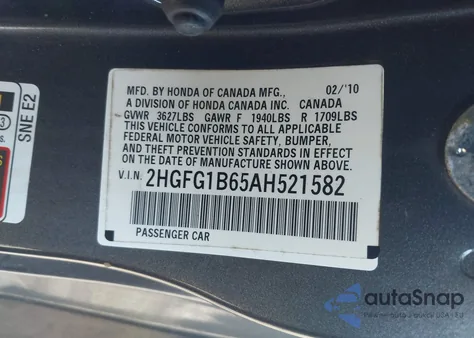 2010 Honda Civic Lx from USA, damaged, VIN 2HGFG1B65AH521582